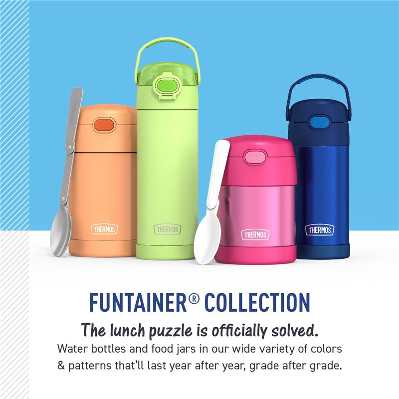 Thermos FUNtainer stainless steel water bottles in various colors, featuring a Spider-Man design and spoon attached.