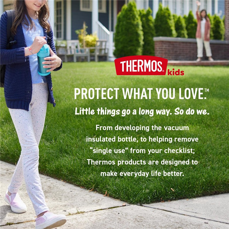 Thermos FUNtainer 12 oz stainless steel water bottle featuring Spider-Man, held by a child outdoors on a lawn.
