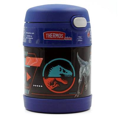 Thermos Stainless Steel Food Jar with a blue lid, featuring Jurassic World dinosaur graphics, holds 10 oz of food.