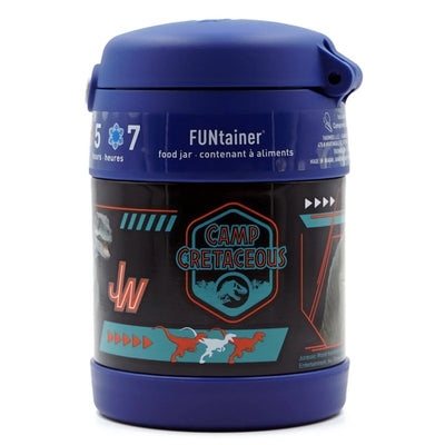 Stainless steel food jar with a blue lid, featuring Jurassic World Camp Cretaceous design, 10 oz capacity.