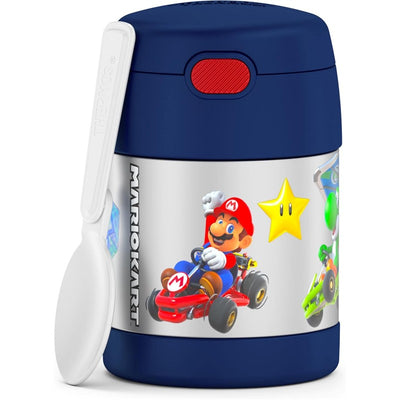 Thermos FUNtainer 10 oz food jar featuring Mario Kart characters, with a blue lid and white spoon attached.