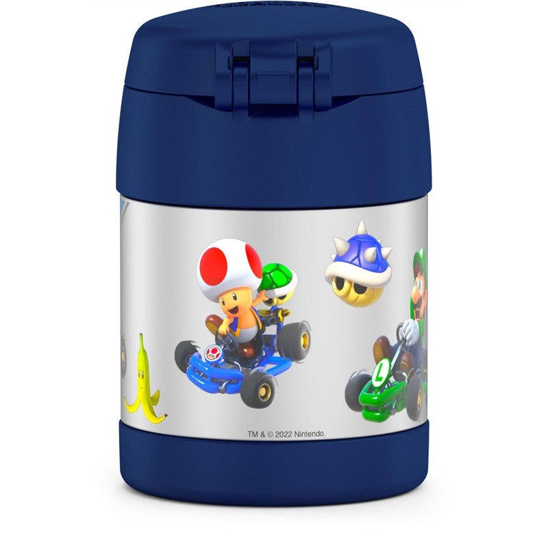 Thermos FUNtainer 10 oz food jar featuring Mario Kart characters, including Toad, Luigi, and shells, with a blue lid.