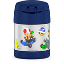 Thermos FUNtainer 10 oz food jar featuring Mario Kart characters, including Toad, Luigi, and shells, with a blue lid.