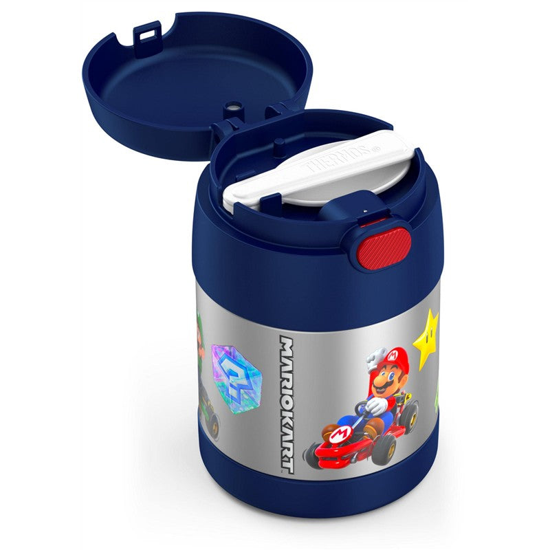 Thermos FUNtainer 10 oz food jar with Mario Kart graphics, blue lid, and white spoon inside, featuring Mario and Luigi designs.