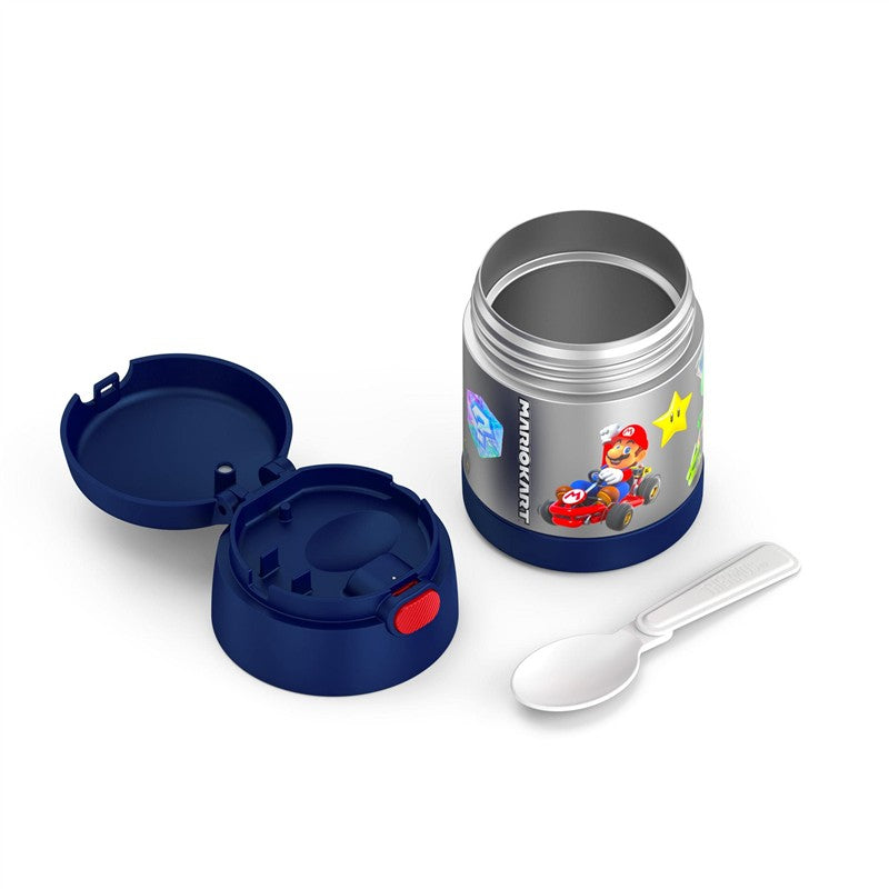 Thermos FUNtainer 10 oz food jar featuring Mario Kart design, with a navy blue lid and a white spoon.