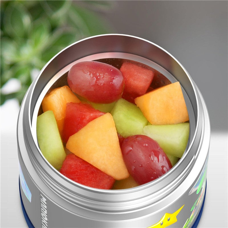 Thermos FUNtainer 10 oz food jar filled with colorful fruit pieces, including grapes, melon, and watermelon.