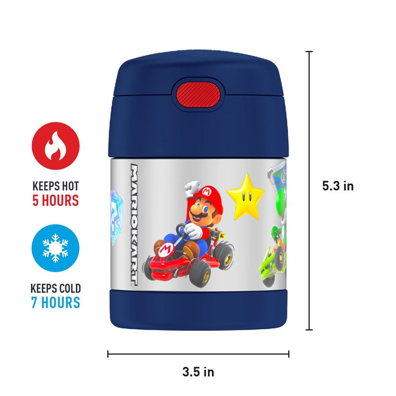 Thermos FUNtainer 10 oz food jar with Mario Kart design, featuring Mario and Yoshi, keeps food hot for 5 hours, cold for 7 hours.