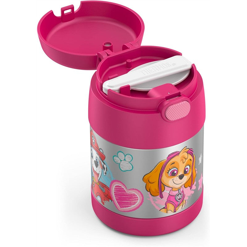 Stainless steel 10 oz food jar with pink lid featuring Paw Patrol characters Skye and Marshall. Designed for kids.