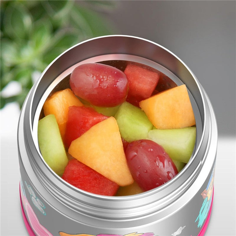 Thermos FUNtainer 10 oz food jar filled with assorted fruits including grapes, watermelon, cantaloupe, and honeydew.