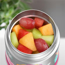 Thermos FUNtainer 10 oz food jar filled with assorted fruits including grapes, watermelon, cantaloupe, and honeydew.