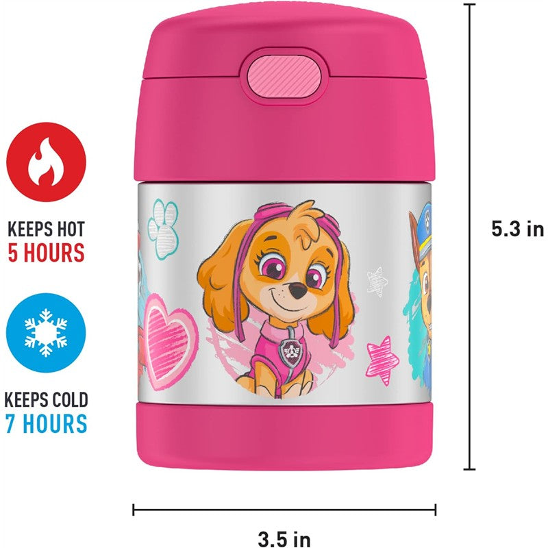 Thermos FUNtainer 10 oz food jar featuring Paw Patrol characters, pink exterior, keeps food hot for 5 hours and cold for 7 hours.