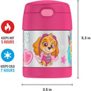 Thermos FUNtainer 10 oz food jar featuring Paw Patrol characters, pink exterior, keeps food hot for 5 hours and cold for 7 hours.