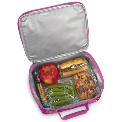 Thermos Standard Soft Lunch Box in pink, filled with an apple, sandwich, carrot sticks, and snacks.