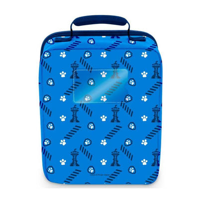 Thermos Standard Lunch Box featuring a blue design with Paw Patrol motifs, including paw prints and a lookout tower.