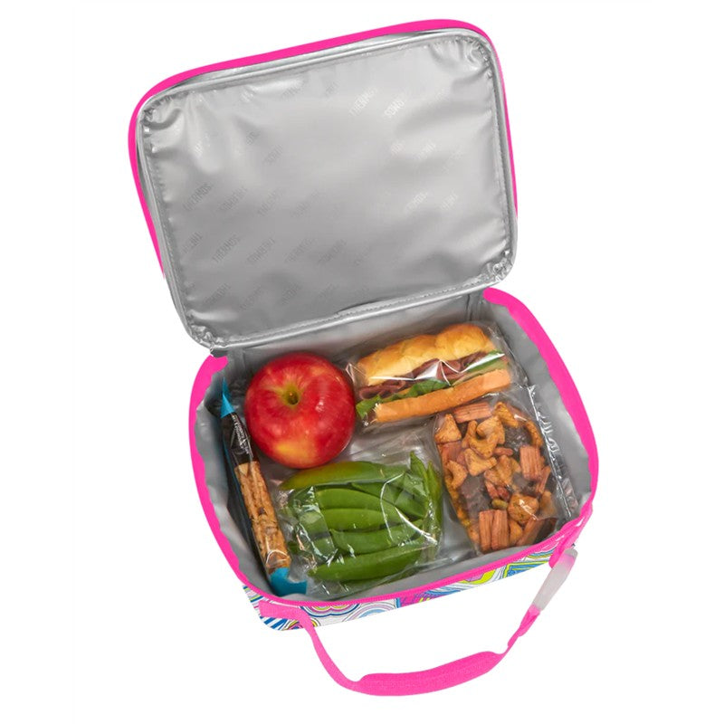 Thermos Standard Soft Lunch Box in Barbie design, containing an apple, sandwich, snacks, and green beans, with a pink exterior.