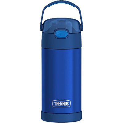 Stainless steel Thermos FUNtainer water bottle in navy blue, 12 oz capacity, featuring a flip-top lid and carrying handle.