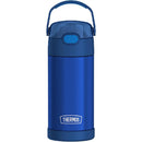 Stainless steel Thermos FUNtainer water bottle in navy blue, 12 oz capacity, featuring a flip-top lid and carrying handle.