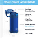 Thermos FUNtainer 12 oz water bottle in navy blue with removable straw, carry handle, and vacuum insulation features.