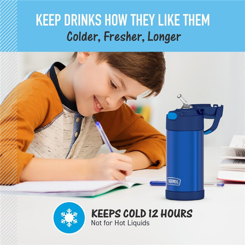 Stainless steel Thermos FUNtainer 12 oz water bottle in navy next to a child writing, highlighting cold drink retention.