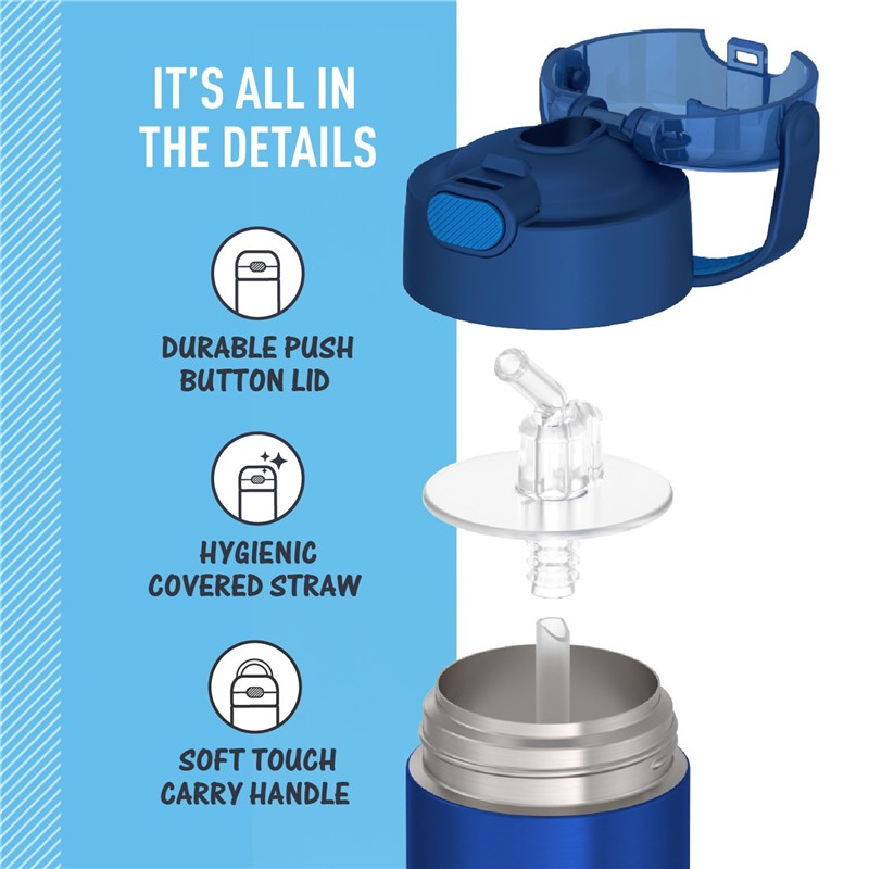 Navy Thermos FUNtainer stainless steel water bottle, highlighting the durable lid, hygienic straw, and soft touch carry handle.