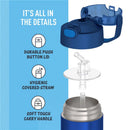 Navy Thermos FUNtainer stainless steel water bottle, highlighting the durable lid, hygienic straw, and soft touch carry handle.