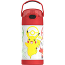 Thermos FUNtainer 12 oz water bottle featuring colorful Pokémon characters, including Pikachu, on a white background.