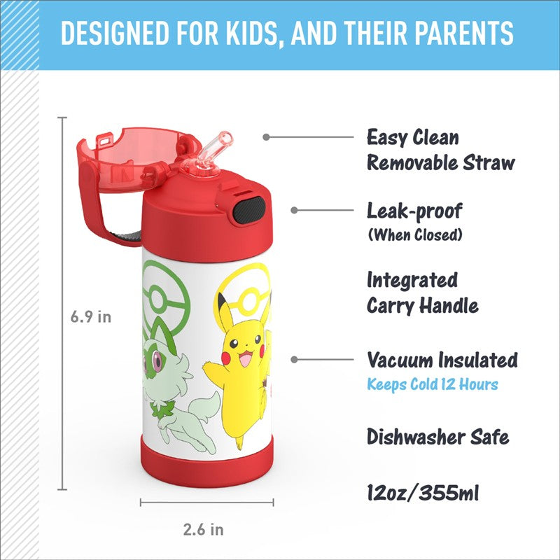 Thermos FUNtainer 12 oz stainless steel water bottle with Pokémon designs, featuring a red cap and removable straw.