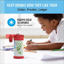 Thermos FUNtainer 12 oz water bottle featuring Pokémon designs, keeps drinks cold for 12 hours, used by a child drawing.