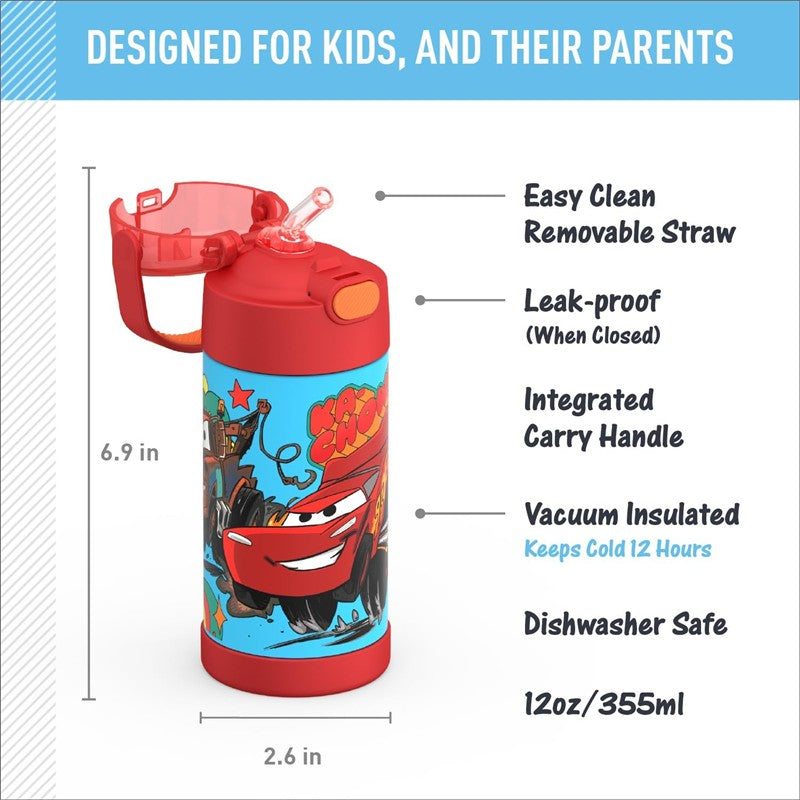 Thermos FUNtainer 12 oz water bottle featuring Cars characters, with a removable straw, carry handle, and leak-proof design.
