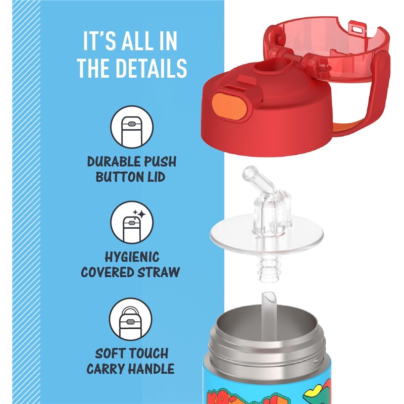 Thermos FUNtainer 12 oz water bottle showcasing a red push button lid, hygienic covered straw, and soft touch handle.
