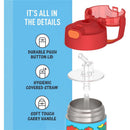 Thermos FUNtainer 12 oz water bottle showcasing a red push button lid, hygienic covered straw, and soft touch handle.