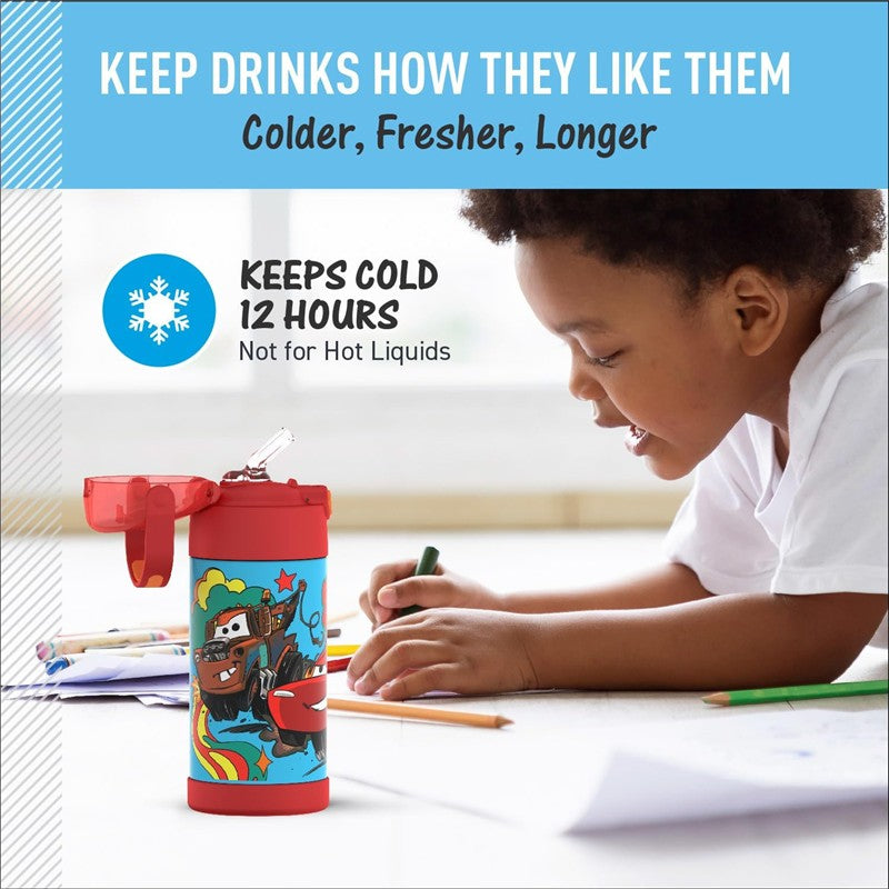 Thermos FUNtainer 12 oz water bottle featuring Cars characters, keeping drinks cold for 12 hours, with a child coloring nearby.