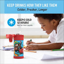 Thermos FUNtainer 12 oz water bottle featuring Cars characters, keeping drinks cold for 12 hours, with a child coloring nearby.