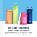 Thermos FUNtainer stainless steel water bottles in various colors, showcasing their designs and a spoon.