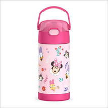 Thermos FUNtainer 12 oz stainless steel water bottle featuring Minnie Mouse and floral designs, with a pink lid and carrying handle.