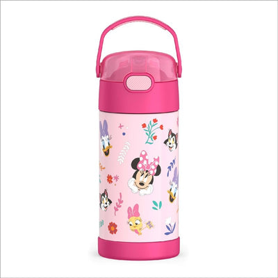 Thermos FUNtainer 12 oz stainless steel water bottle featuring Minnie Mouse and floral designs, with a pink lid and carrying handle.