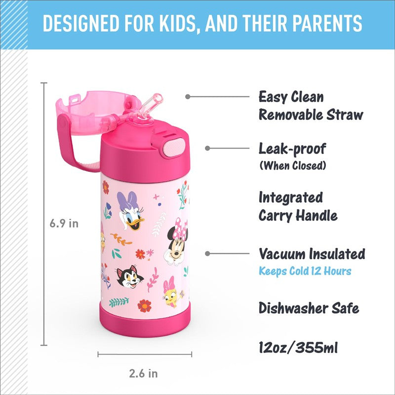 Stainless steel 12 oz Minnie Mouse water bottle with pink design, removable straw, and carry handle, keeps drinks cold for 12 hours.