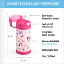 Stainless steel 12 oz Minnie Mouse water bottle with pink design, removable straw, and carry handle, keeps drinks cold for 12 hours.