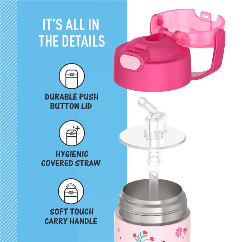 Stainless steel Thermos FUNtainer water bottle in pink, featuring a durable push-button lid, hygienic covered straw, and soft touch carry handle.