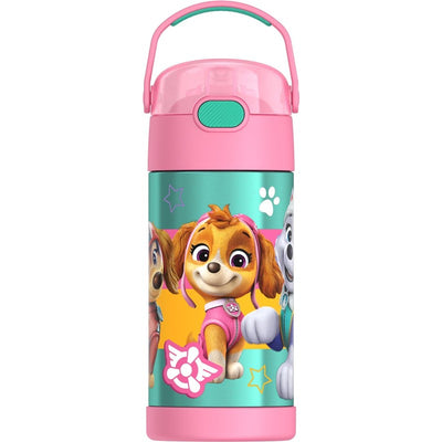 Thermos FUNtainer 12 oz water bottle featuring Paw Patrol characters Skye and Everest, with a pink design and handle.