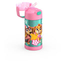 Stainless steel water bottle featuring Paw Patrol characters, Skye and Everest, against a colorful background.