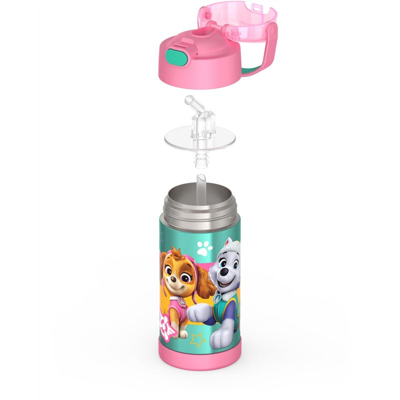 Thermos FUNtainer 12 oz stainless steel water bottle featuring Paw Patrol characters Skye and Everest with a pink cap.