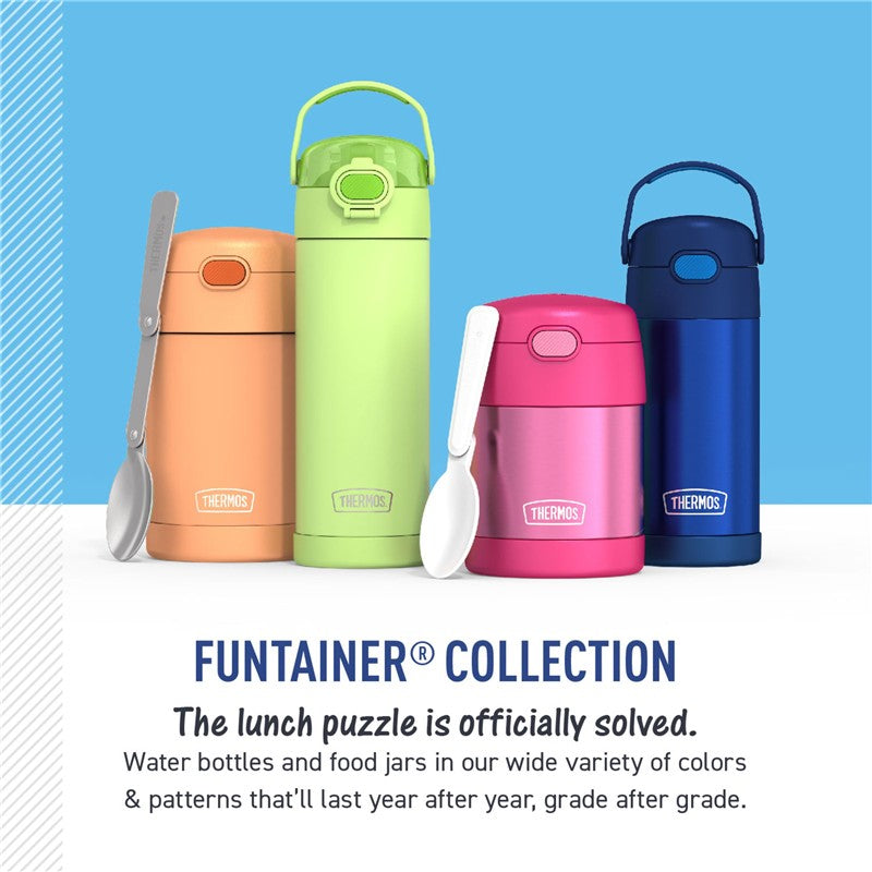 Thermos FUNtainer 12 oz stainless steel water bottles in various colors, featuring a Paw Patrol design and spoon.