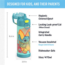 Thermos FUNtainer 16 oz water bottle features Stitch design, vacuum insulated, leak-proof lid, and a carry handle.