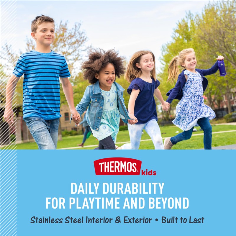 Children running together in a park, showcasing the Thermos FUNtainer 16 oz water bottle in purple.