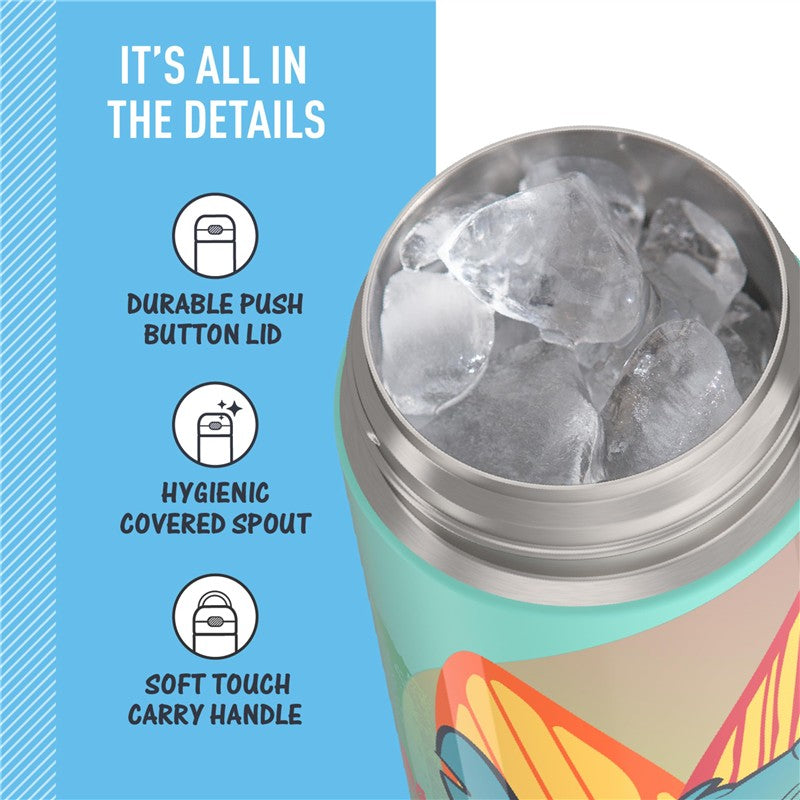 Thermos FUNtainer 16 oz water bottle with a colorful Stitch design, featuring ice inside and text highlighting key features.