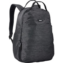 Black Thule changing backpack featuring a sleek design, zippered compartments, and adjustable straps.