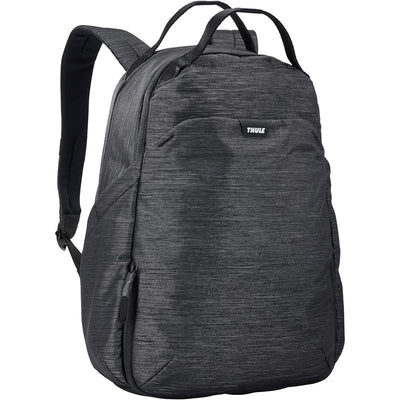 Black Thule changing backpack featuring a sleek design, zippered compartments, and adjustable straps.