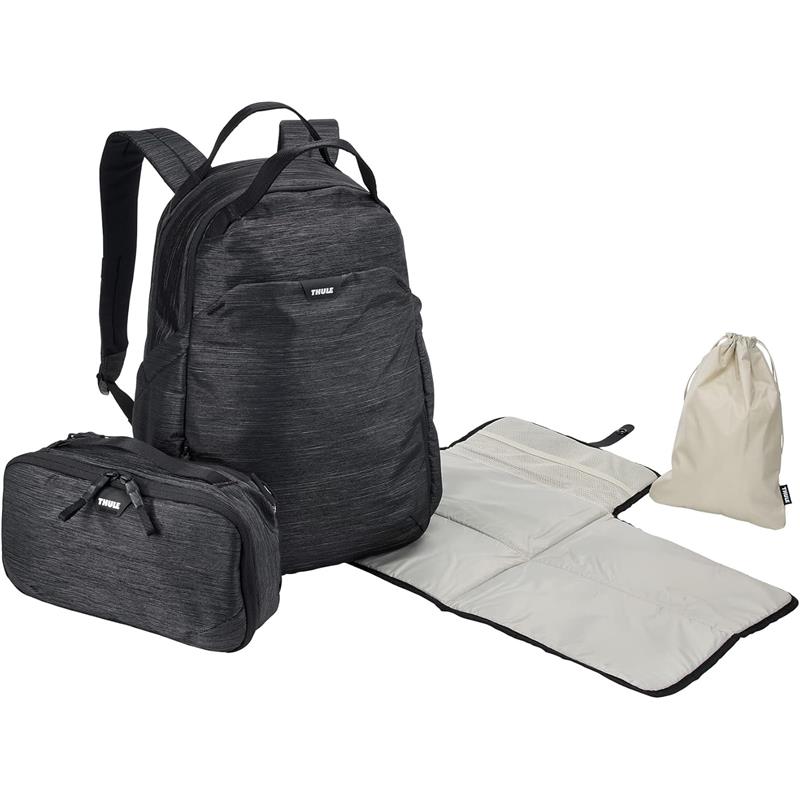 Changing backpack by Thule in black, three compartments visible: main bag, smaller accessory pouch, and changing mat.