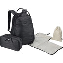 Changing backpack by Thule in black, three compartments visible: main bag, smaller accessory pouch, and changing mat.